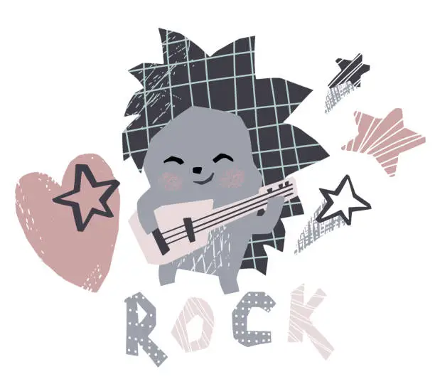 Vector illustration of Hedgehog baby plays the guitar cute print. Sweet animal dance. Rosk musik party