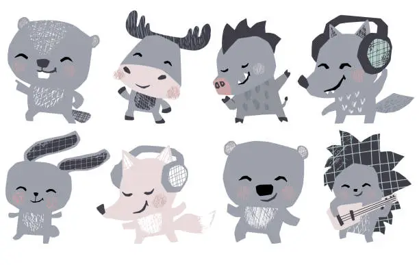 Vector illustration of Moose, bunny, bear, fox, hedgehog, wolf, boar, beaver musik band cute set. Animals dance, plays guitar, lisen headphones.