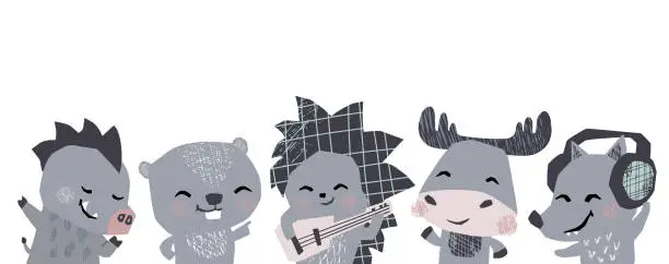 Vector illustration of Moose, hedgehog, wolf, boar, beaver musik band cute banner. Animals dance, plays guitar, lisen headphones.