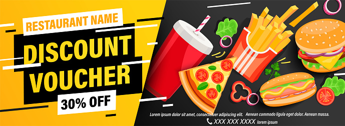 Dynamic discount voucher with 30 percent price off for restaurans and cafes. Fast food coupon or certificate with pizza, hot dog, fries, coffee, burger and space for text.Flyer template.Vector