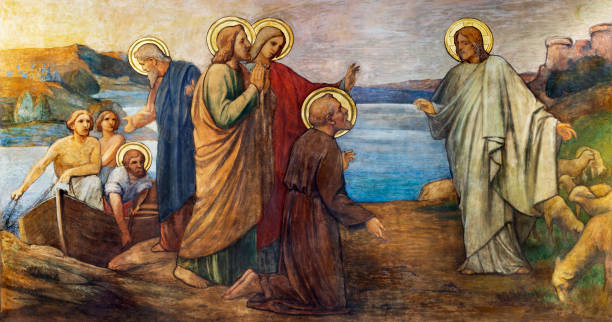 praga-el fresco de la pesca milagrosa jesús en la iglesia kostel svatého václava por s. g. rudl (fin del 19. cent.). - apóstol fotografías e imágenes de stock
