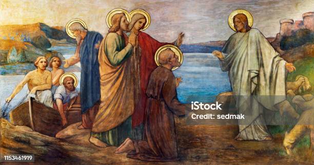 Prague The Fresco Of Miracle Fishing Jesus In Church Kostel Svatého Václava By S G Rudl Stock Photo - Download Image Now