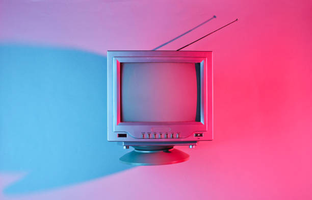 istock Retro wave, 80s. Old tv with antenna with neon light. Top view, minimalism 1153462139