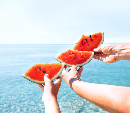 Three hands with watermelon segments are on azure calm sea water background