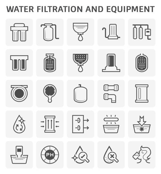 water filtration icon Water filtration and equipment and water treatment icon set design. water filter stock illustrations
