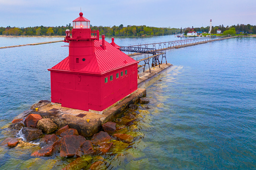 It is rare to fine two lighthouses at opposite ends of a pier. But in Sturgeon Bay Wisconsin, you get both the Canal North Pierhead Lighthouse, and the Sturgeon Bay Canal Lighthouse- seen in the distance here.