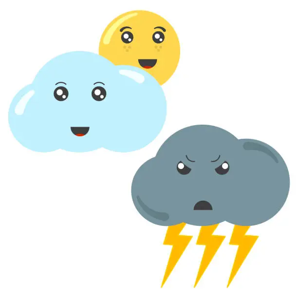 Vector illustration of Cartoon cloud with the sun and a thundercloud with lightning. Isolated vector illustration on white background.