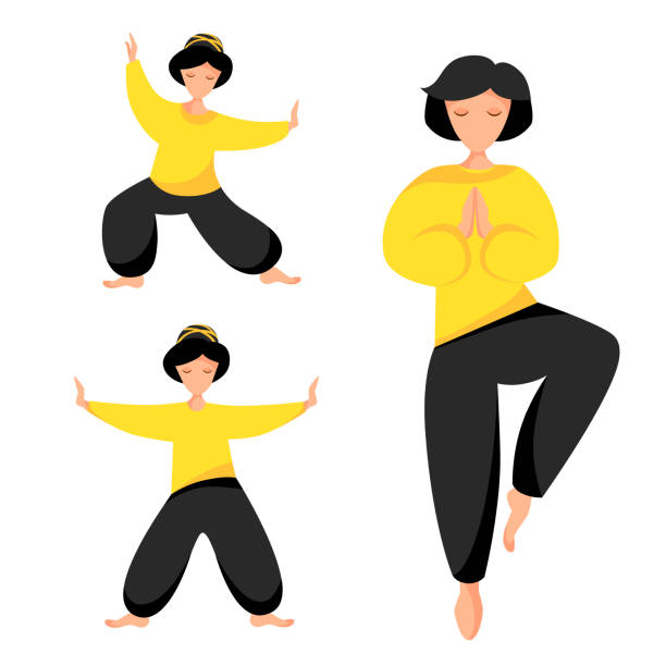 ilustrações, clipart, desenhos animados e ícones de meninas executam qigong, tai chi e yoga exercícios - chi energy