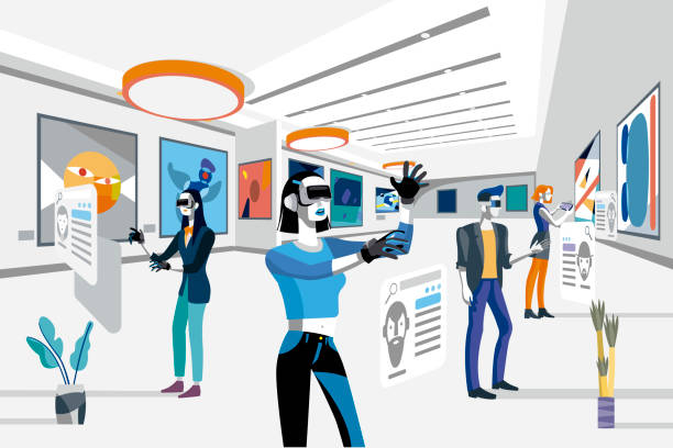 Art exhibition with augmented reality Cool people looking modern abstract paintings in art exhibition wearing augmented reality technology devices. Vector flat illustration. Men and women at the museum of arts. art museum illustrations stock illustrations