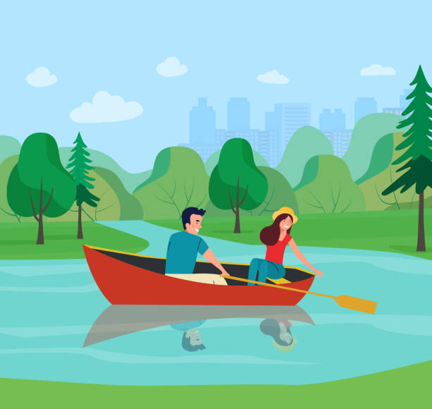 мужчина и женщина плывут в лодке. векторная плоская иллюстрация - rowboat nautical vessel men cartoon stock illustrations