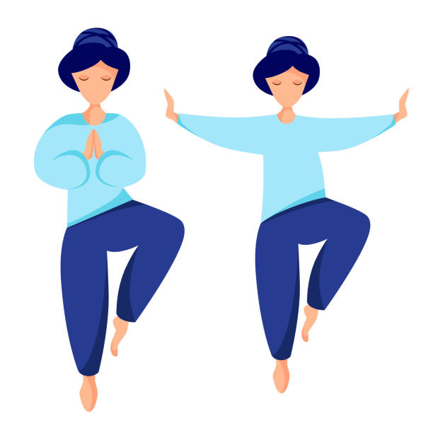 ilustrações, clipart, desenhos animados e ícones de meninas executam qigong e exercícios de yoga - chi energy