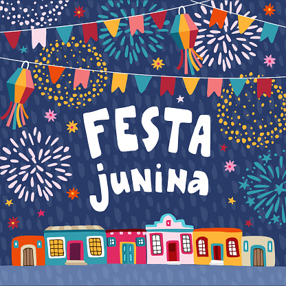 Festa junina, Brazilian june party greeting card, invitation.. Latin American holiday.Garland of bunting flags, lanterns, colorful houses and fireworks. Vector illustrations, flat design, textured backgound.