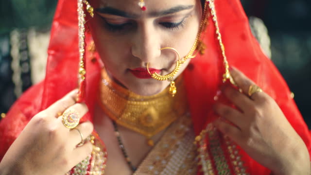 Beautiful Hindu bride in traditional dress looks at the camera.
