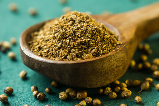 Crushed coriander powder in a spoon