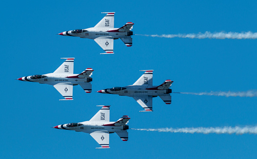 Wantagh, New York, USA - 24 May 2019: The United States Air Force Thunderbirds in diamond formation at a free practice round Friday of Memorial day weekend.