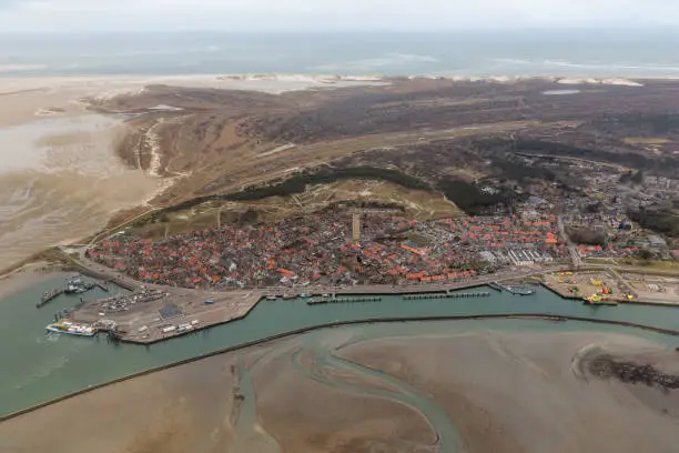 Aerial view harbor and Village Terschelling, Dutch island in Wadden sea