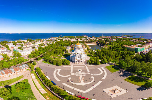 Beautiful top view of Kronshtadt Naval Cathedral of St. Nicholas on a sunny summer day. Built in 1903-1913 as the main church of Russian Navy and dedicated to all fallen seamen. St Petersburg Russia