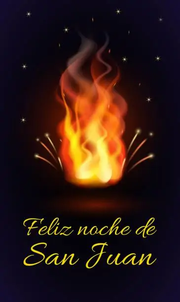 Vector illustration of Vector festive poster Happy Night of Saint John with burning flame and text. Spanish translation Feliz Noche de San Juan. Celebration banner for celebrate the summer solstice. Popular Event in Spain.