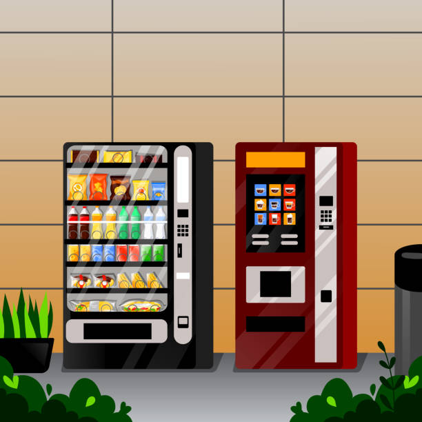 automaty z przekąskami, wodą i ekspresem do kawy. wektor płaska ilustracja kreskówki. usługi sprzedaży żywności ulicznej. - vending machine obrazy stock illustrations