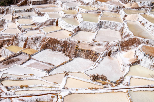 Peru, Sacred Valley, Maras is a town in the Sacred Valley of the Incas, 40 kilometers north of Cuzco. The town is well known for its nearby salt evaporation ponds, in use since Inca times. The salt-evaporation ponds are up-slope, less than a kilometer west of the town.