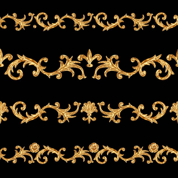 istock Baroque style golden ornamental segments seamless pattern. Hand drawn gold border frame 1153483947