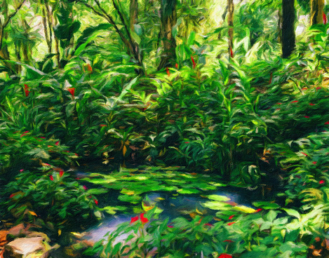 Water lillies, Nymphaeaceae, in lush tropical Brazilian rain forest - Claude Monet style digital manipulation oil on canvas impressionist effect