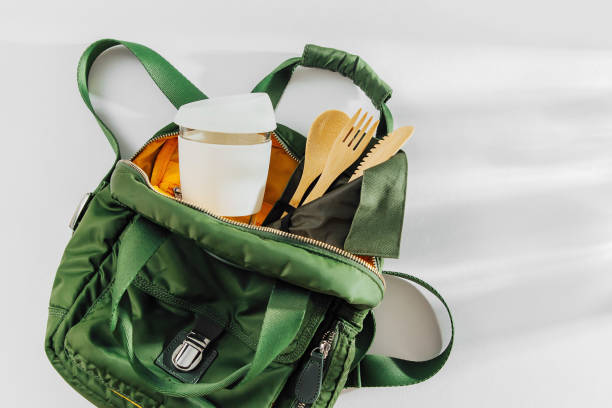 istock Green backpack with  bamboo cutlery  and  reusable coffee mug. Sustainable lifestyle. Zero waste, plastic free concept. 1153486876
