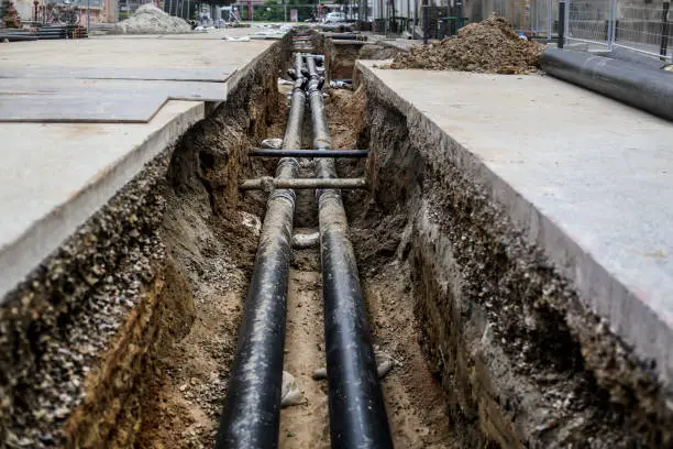 Heating and other pipeline in a hole on the street.