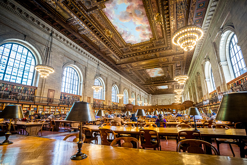 Manhattan, New York: May 22, 2019. The interior of the New York Public Library Stephen A. Schwarzman Building reading room.