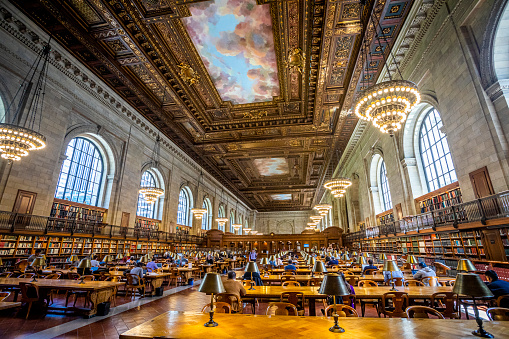 Manhattan, New York: May 22, 2019. The interior of the New York Public Library Stephen A. Schwarzman Building reading room.