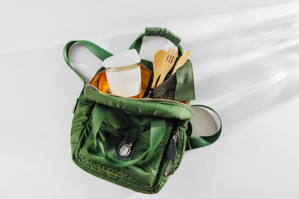 istock Green backpack with  bamboo cutlery  and  reusable coffee mug. Sustainable lifestyle. Zero waste, plastic free concept. 1153488097