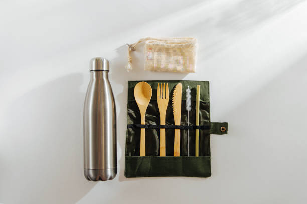 istock Eco friendly bamboo cutlery set and water bottle. Zero waste, plastic free concept. 1153488163