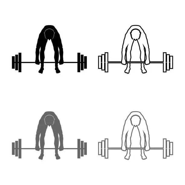 Vector illustration of Muscular man weightlifter doing raising the barbell Sportsman raising weights silhouette icon set grey black color illustration outline flat style simple image