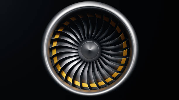 istock 3D illustration jet engine, close-up view jet engine blades. Isolated on black background jet engine. Rotating blades of the turbojet. Part of the airplane. Blades at the ends painted orange 1153489357