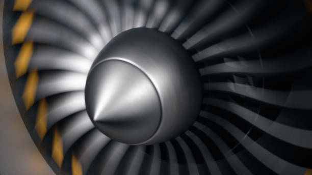 istock Jet engine, close-up view blades. Engine blades at the ends painted orange. Jet engine blades in motion. Part of the airplane. 3D illustration 1153489371