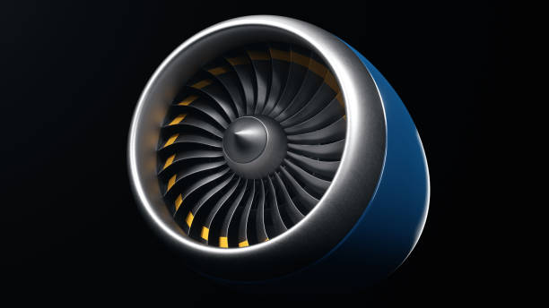 istock 3D illustration jet engine, close-up view jet engine blades. Isolated on black background jet engine. Rotating blades of the turbojet. Part of the airplane. Blades at the ends painted orange 1153489374