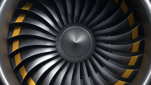 istock 3D illustration jet engine, close-up view jet engine blades. Front view of a jet engine blades. Rotating blades of the turbojet. Part of the airplane. Blades at the ends painted orange 1153489384