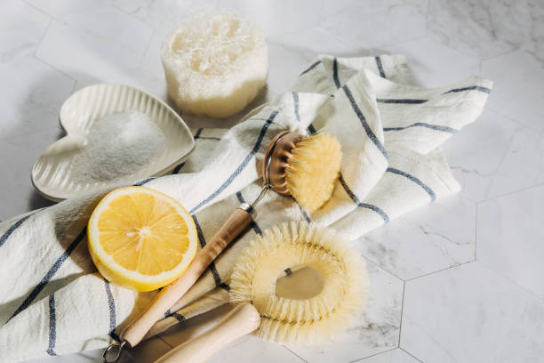 istock Eco friendly natural cleaning tools and products, bamboo dish brushes and lemon with baking soda. Zero waste concept. Plastic free. 1153489429