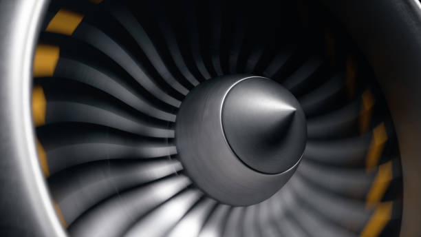 istock Jet engine, close-up view blades. Engine blades at the ends painted orange. Jet engine blades in motion. Part of the airplane. 3D illustration 1153489458
