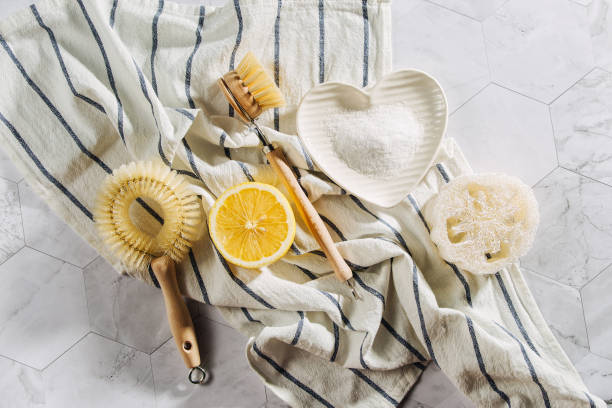 istock Eco friendly natural cleaning tools and products, bamboo dish brushes and lemon with baking soda. Zero waste concept. Plastic free. 1153489495