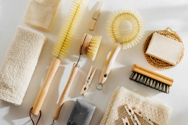 istock Natural dish brush and cleaning tools with Soap. Zero waste concept. Plastic free. Flat lay, top view 1153489509