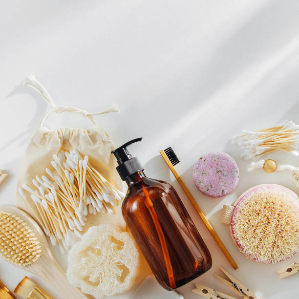 istock Eco natural bathroom accessories, natural cosmetics products and tools. Zero waste concept. Plastic free. Flat lay, top view 1153489599