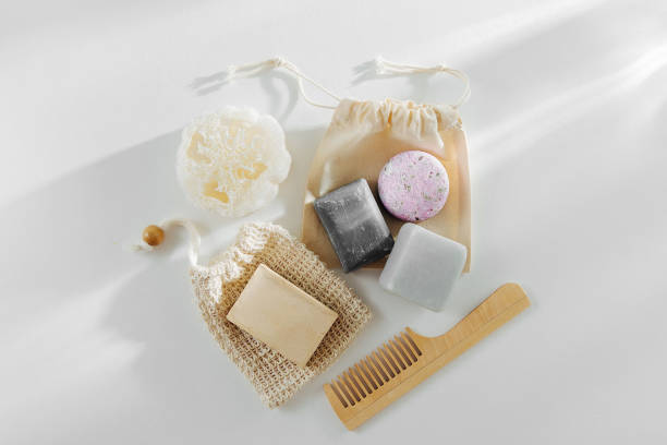 istock Eco natural Soap and Solid Shampoo Bars. Zero waste concept. Plastic free. Flat lay, top view 1153489700