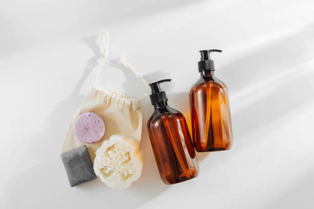 istock Eco natural Soap, Solid Shampoo Bars and Pump Bottle. Zero waste concept. Plastic free. Flat lay, top view 1153489730