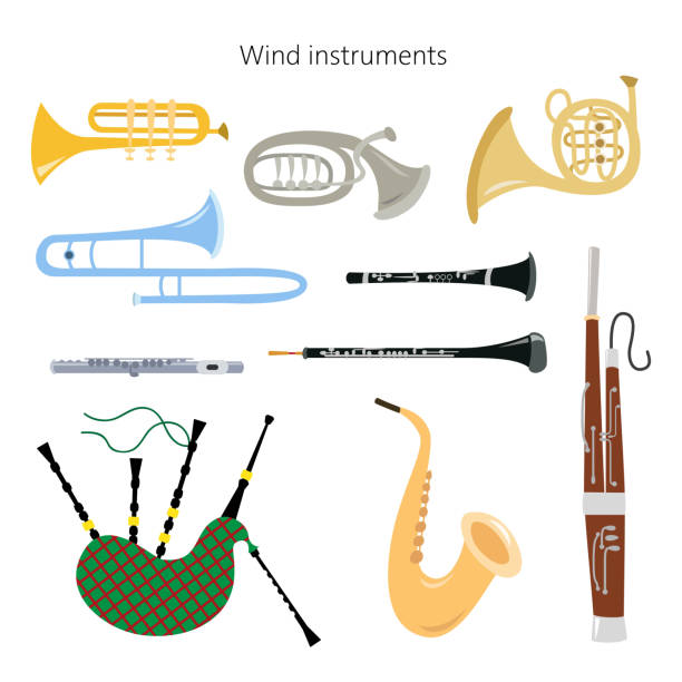 ilustraciones, imágenes clip art, dibujos animados e iconos de stock de conjunto de instrumentos de viento sobre el fondo blanco. - bugle trumpet jazz music