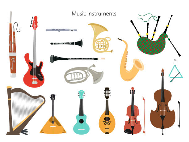 ilustraciones, imágenes clip art, dibujos animados e iconos de stock de conjunto de instrumentos musicales sobre el fondo blanco. - gaitero