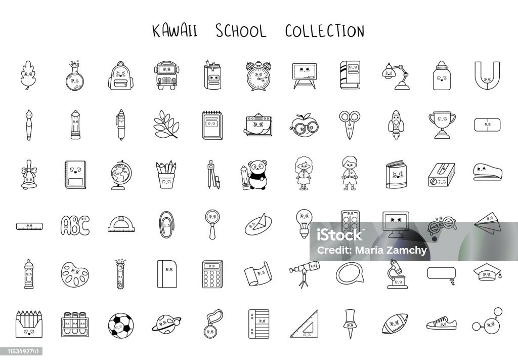 Back to School Kawaii Set of black outline icons - school supplies, back to school concept, cute cartoon characters - textbook, notebook, pencil, backpack. Childrens vector illustration of education and semester. Note Pad stock vector