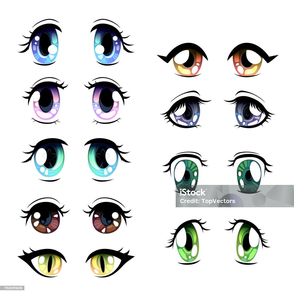 Vetores de Olhos Brilhantes Bonitos De Cores Diferentes Ajustadas Olhos  Bonitos Com Reflexões Claras Ilustração Do Vetor Do Estilo Japonês De Manga  e mais imagens de Estilo Mangá - iStock