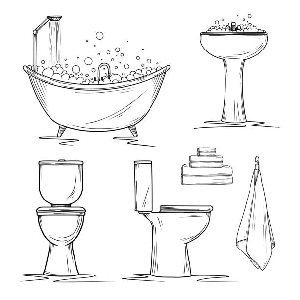 ilustrações, clipart, desenhos animados e ícones de elementos interiores desenhados mão do banheiro. wc e lavatório, banheira e toalhas. vetor - hygiene bathtub symbol toothbrush