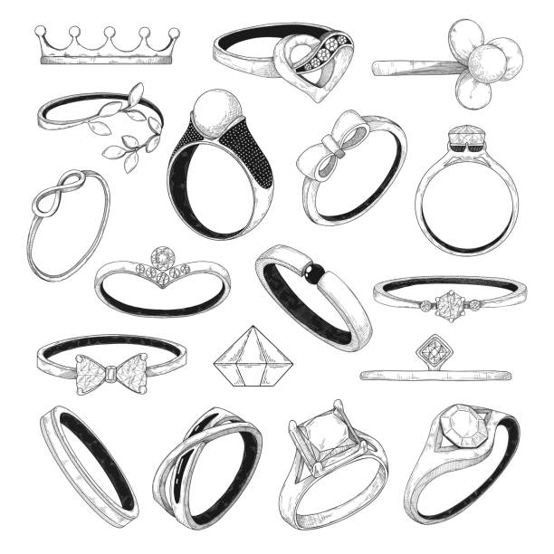 ilustrações, clipart, desenhos animados e ícones de jogo desenhado mão de anéis diferentes da jóia. ilustração do vetor de um estilo do esboço. - jewelry white background diamond gift